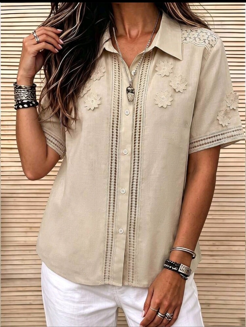 BRAND NEW ** Cotton Boho Lace Appliqué Button-Down Top in Beige